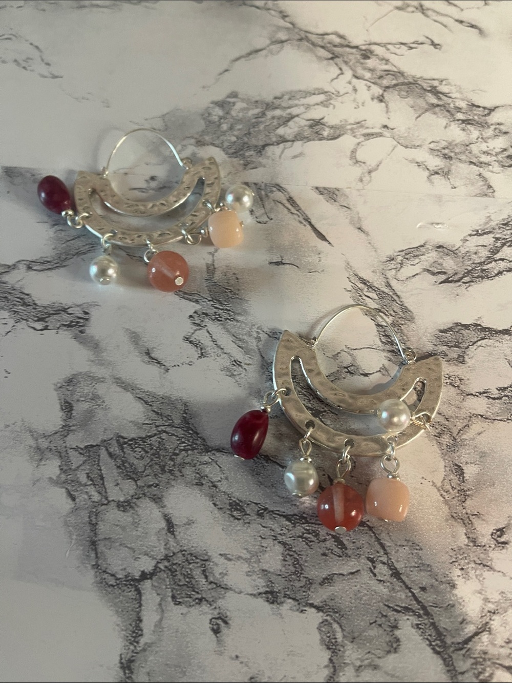 Silver Tone Hoop Earrings with Pink, Red and Pearl Beads